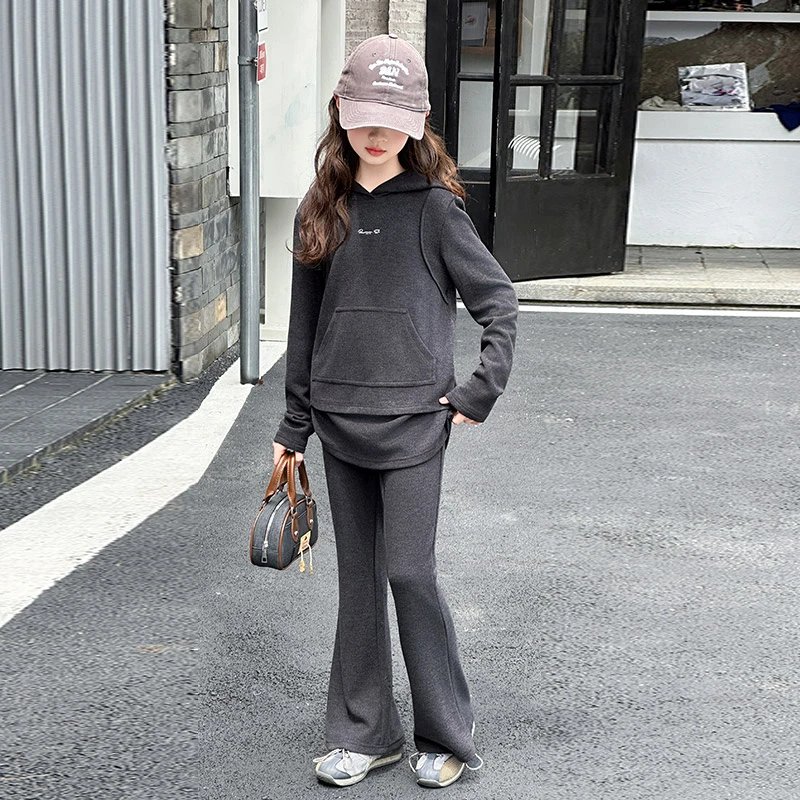 女童秋季韩版休闲连帽卫衣套装洋气中大童女孩时髦儿童秋装喇叭裤