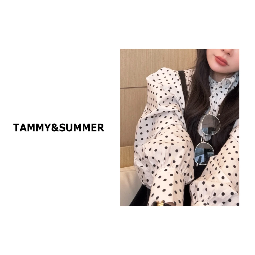 【Tammy&Summer】韩版时尚长袖翻领波点长袖单排扣白色衬衣250905