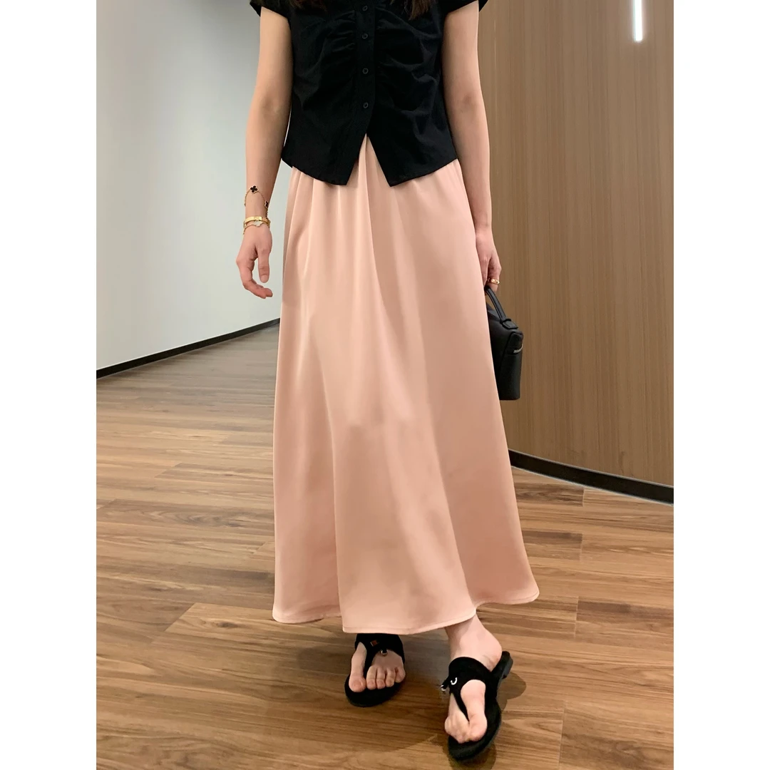 【折扣】YO定制气质垂感醋酸缎面半身裙夏季松紧腰薄款长裙子
