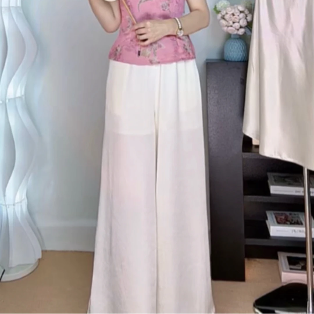 醋酸缎面高腰夏季新款刺绣提花直筒裤时尚气质
