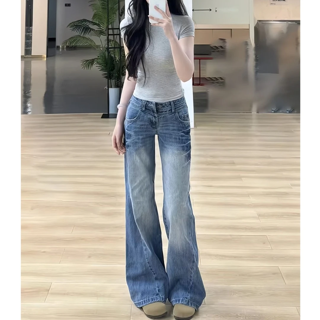 美式复古微喇牛仔裤女2025夏季新款低腰辣妹高街显瘦不贴腿拖地裤