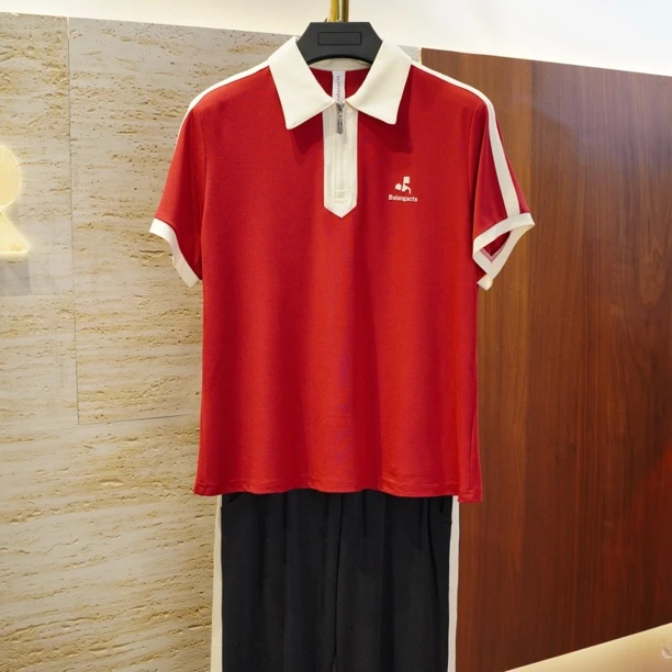 【红白拉链翻领领短袖套装】夏季天丝罗马棉T恤时尚显瘦女休闲套装