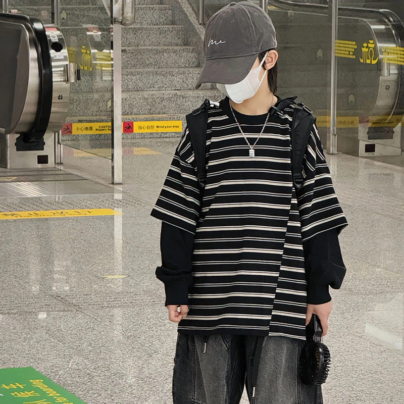 男童卫衣春秋2025新款假两件儿童长袖T恤中大童条纹洋气秋季上衣