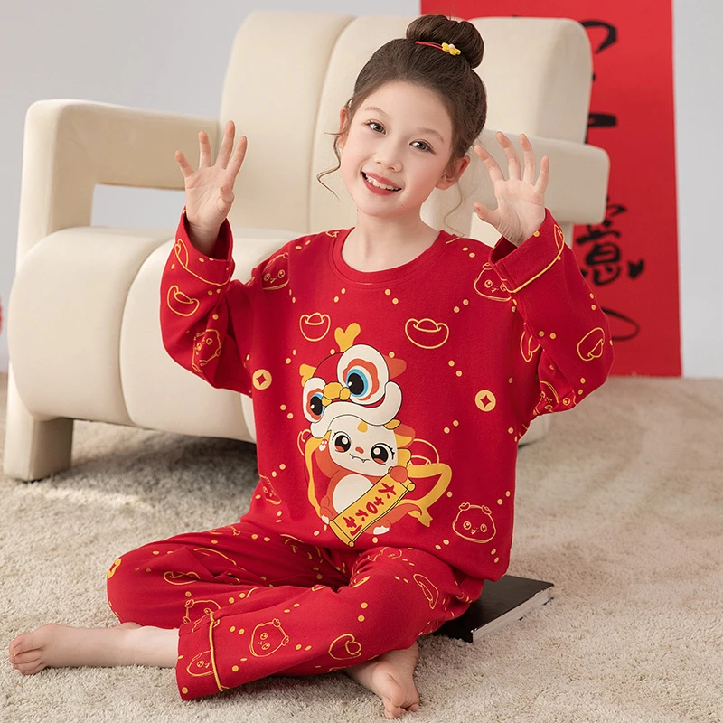 儿童睡衣春秋季2025年红色纯棉长袖本命年卡通女童宝宝家居服套装