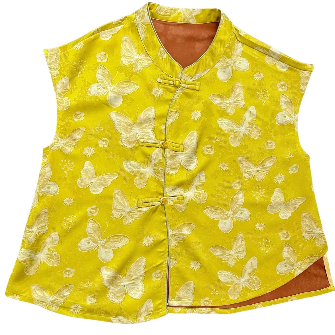 夏季斜襟马夹水藻纹织马甲新中式印花国潮新风