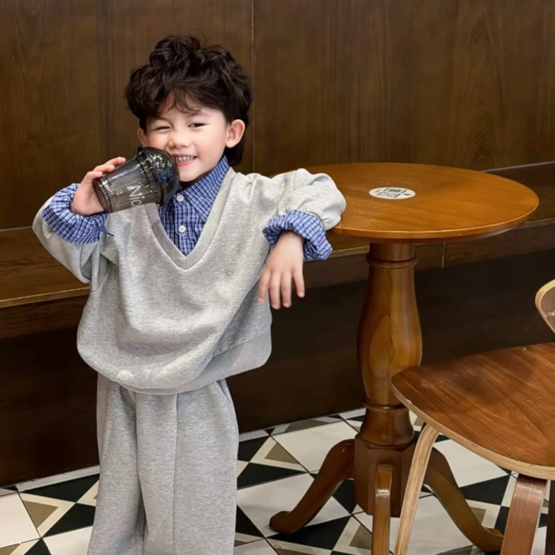 男女童假两件卫衣春秋装2025新款男孩衣服格子拼接儿童上衣两件套