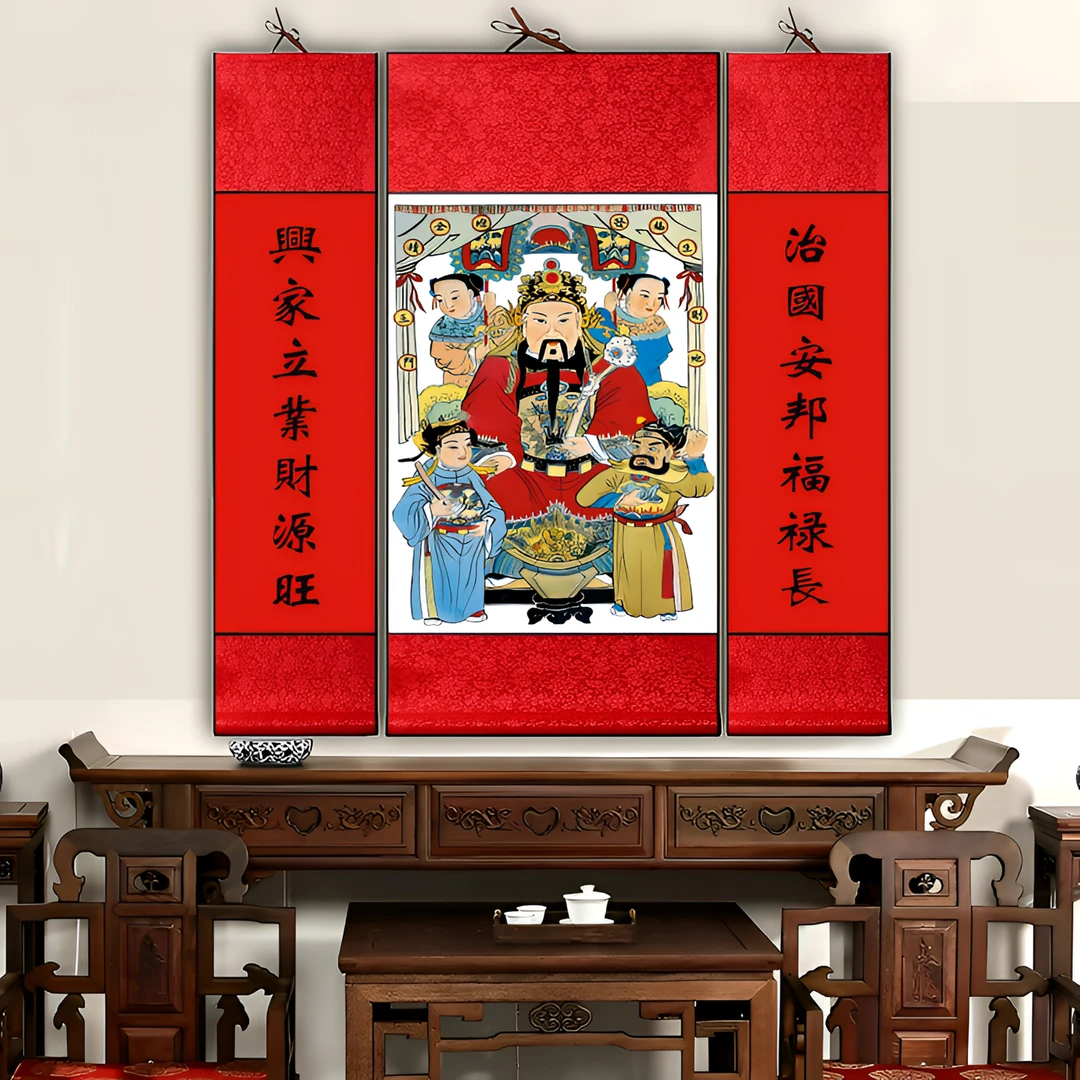 纯手工财神挂轴非遗传承拓清风朱砂手绘描金贡拜传统对联财神挂轴