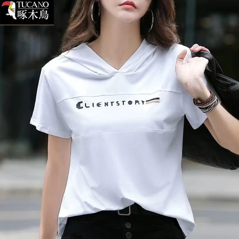 啄木鸟新款潮流连帽短袖印花T恤2025年夏季薄款百搭女士运动上衣