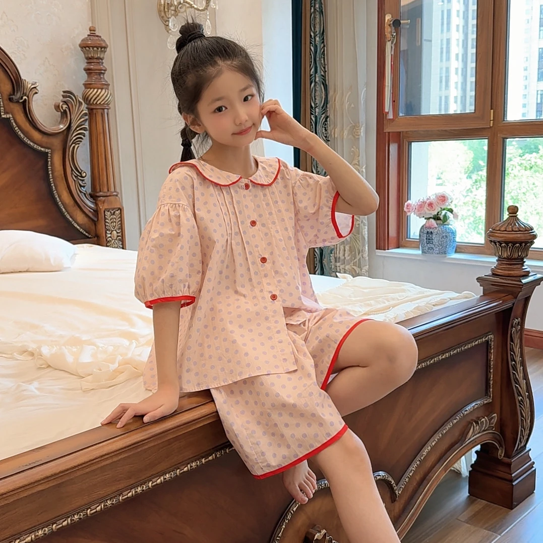 儿童睡衣夏季2025新款家居套装女童纯棉圆点大童女孩睡衣儿童