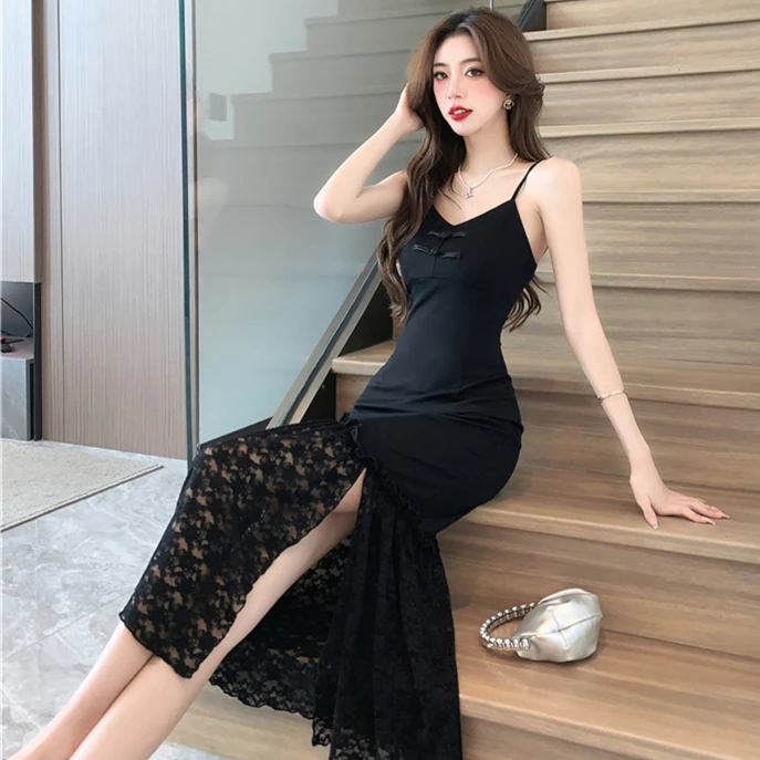 蕾丝拼接吊带连衣裙女夏季高腰黑色礼服裙名媛气质开叉包臀裙长裙