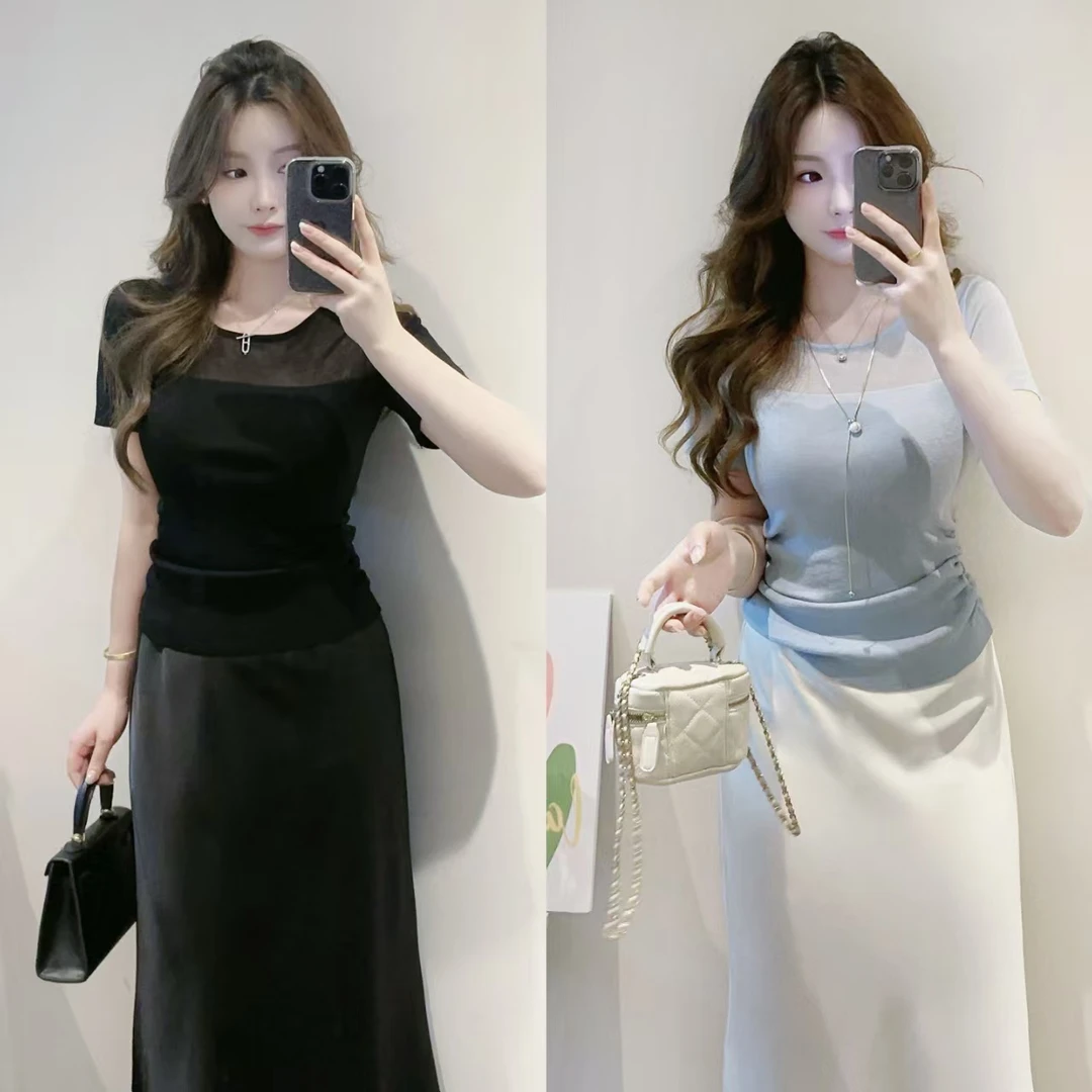 MuMu微胖黑色正肩捏褶收腰短袖上衣WPWG2256高腰鱼尾裙WP10024