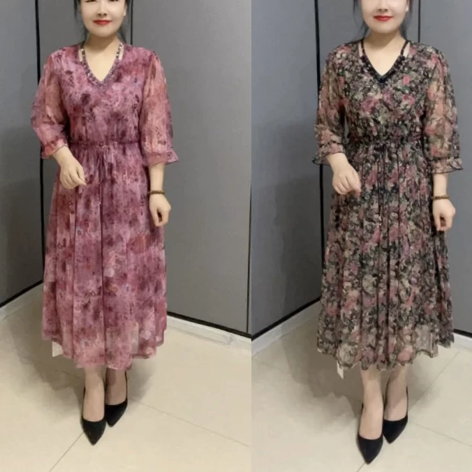 夏季新款8876款时尚洋气碎花显瘦收腰过膝气质妈妈装连衣裙