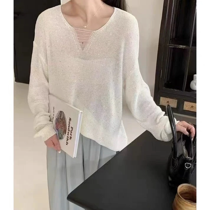 2025春季新款简约轻薄款镂空休闲百搭针织衫女宽松慵懒风长袖上衣