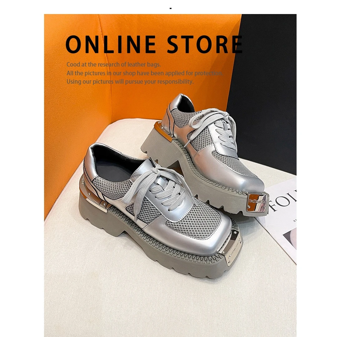 银色系带小皮鞋女粗跟厚底增高废土风个性德比鞋金属装饰松糕女鞋