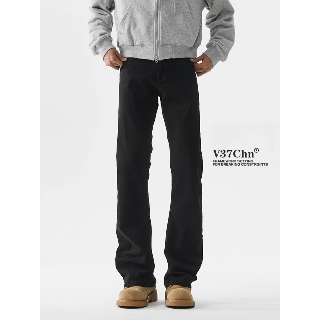 美式高街黑色微喇牛仔裤男春季潮牌cleanfit休闲裤显瘦直筒长裤子