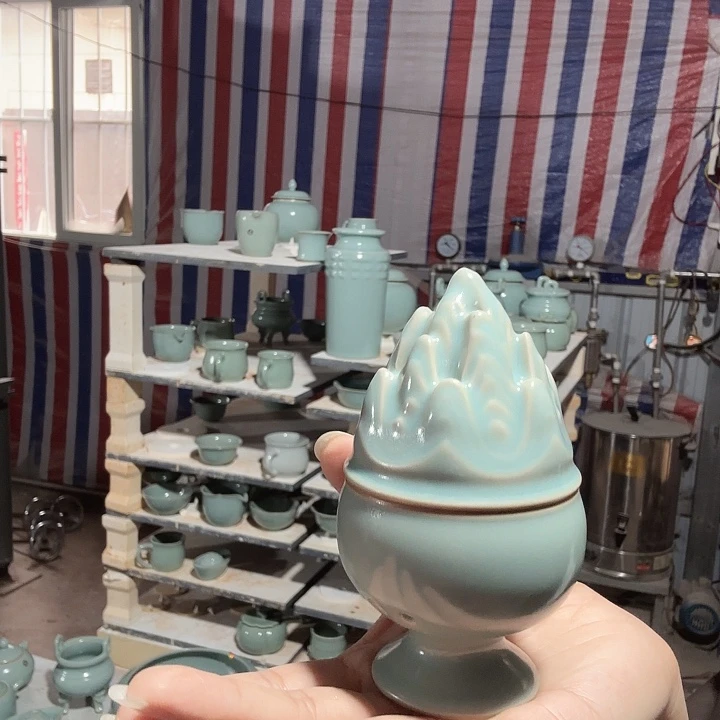 摆件汝瓷高足香炉仿古釉圈足烧大瑕不退不换