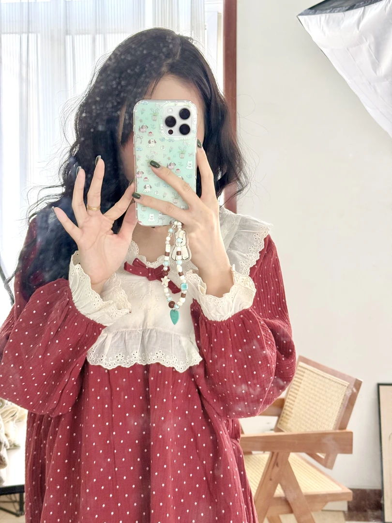 长袖裙婴儿棉双层纱睡裙女春秋季纯棉蕾丝全棉睡衣宽松家居服