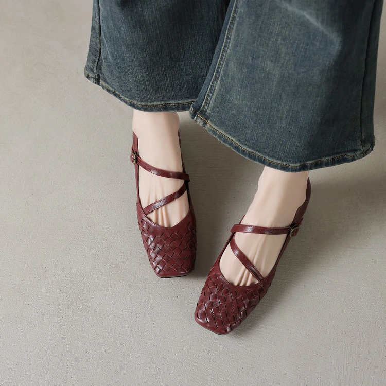 FANN梵娜25春新款羊皮真皮法式编织绑带单鞋舒适百搭通勤休闲柔软