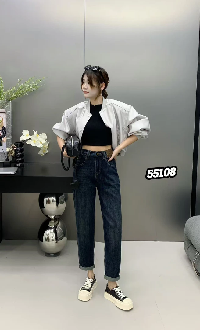 55108高腰宽松垂感小个子秋季女款怀旧蓝哈伦老爹牛仔裤