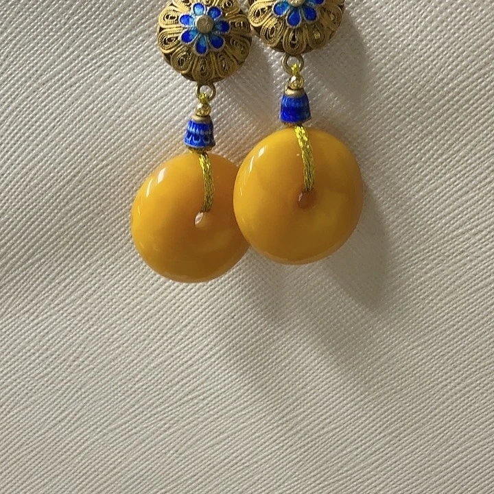 琥珀耳饰银S925镶嵌蜜蜡平安扣耳环