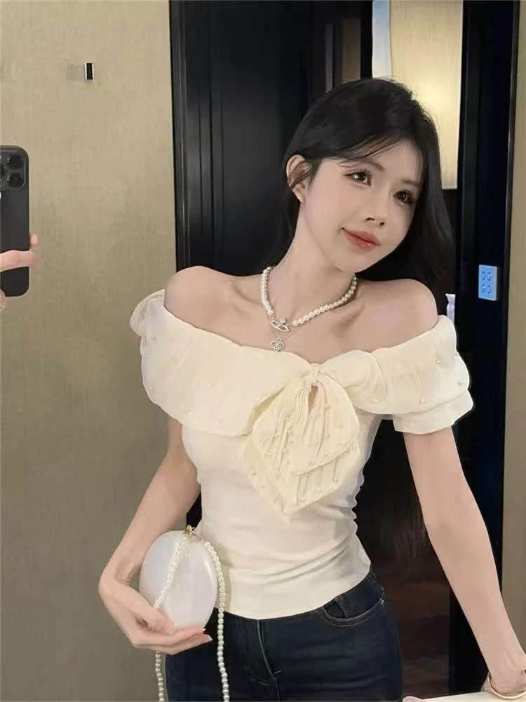 小香风荷叶边钉珠荷叶边T恤辣妹纯欲显瘦上衣气质修身纯欲夏季