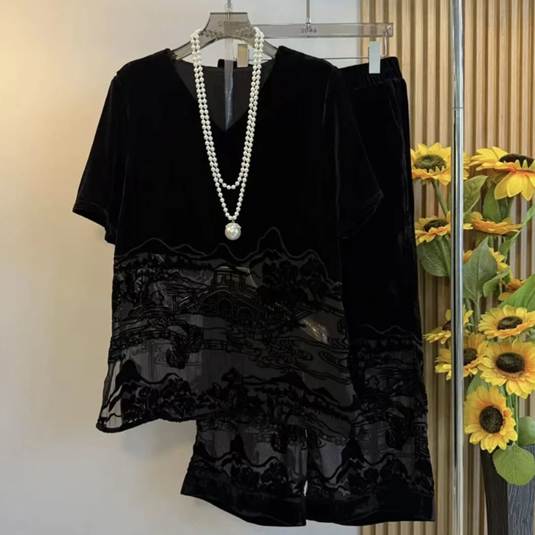 猫家YZM新中式国风夏季新款显瘦提花蕾丝宽松套装断号