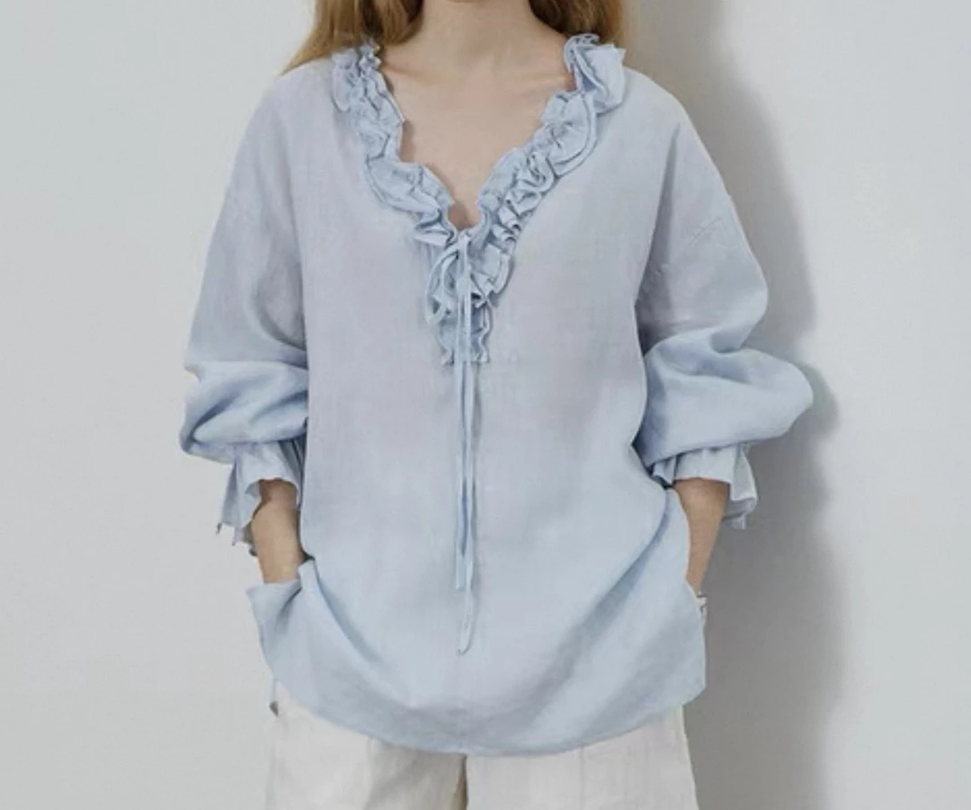 【LBT&新款】法式慵懒手工木耳边V领绑带衬衫女夏蓝色上衣c801496