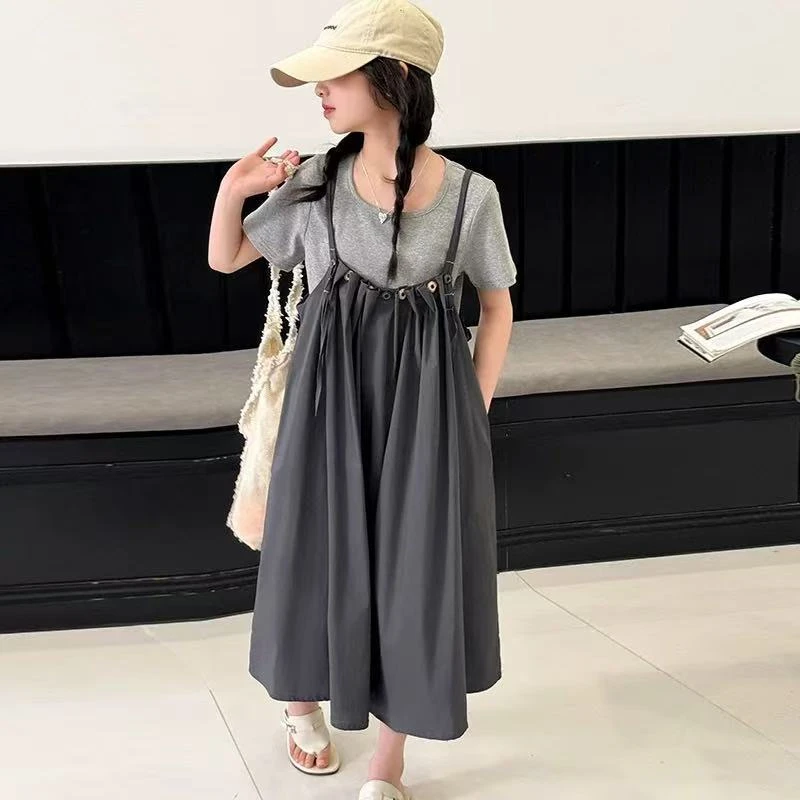 【丫丫童装】2025夏季新款女大童女童四粒扣背带裙套装韩版K186