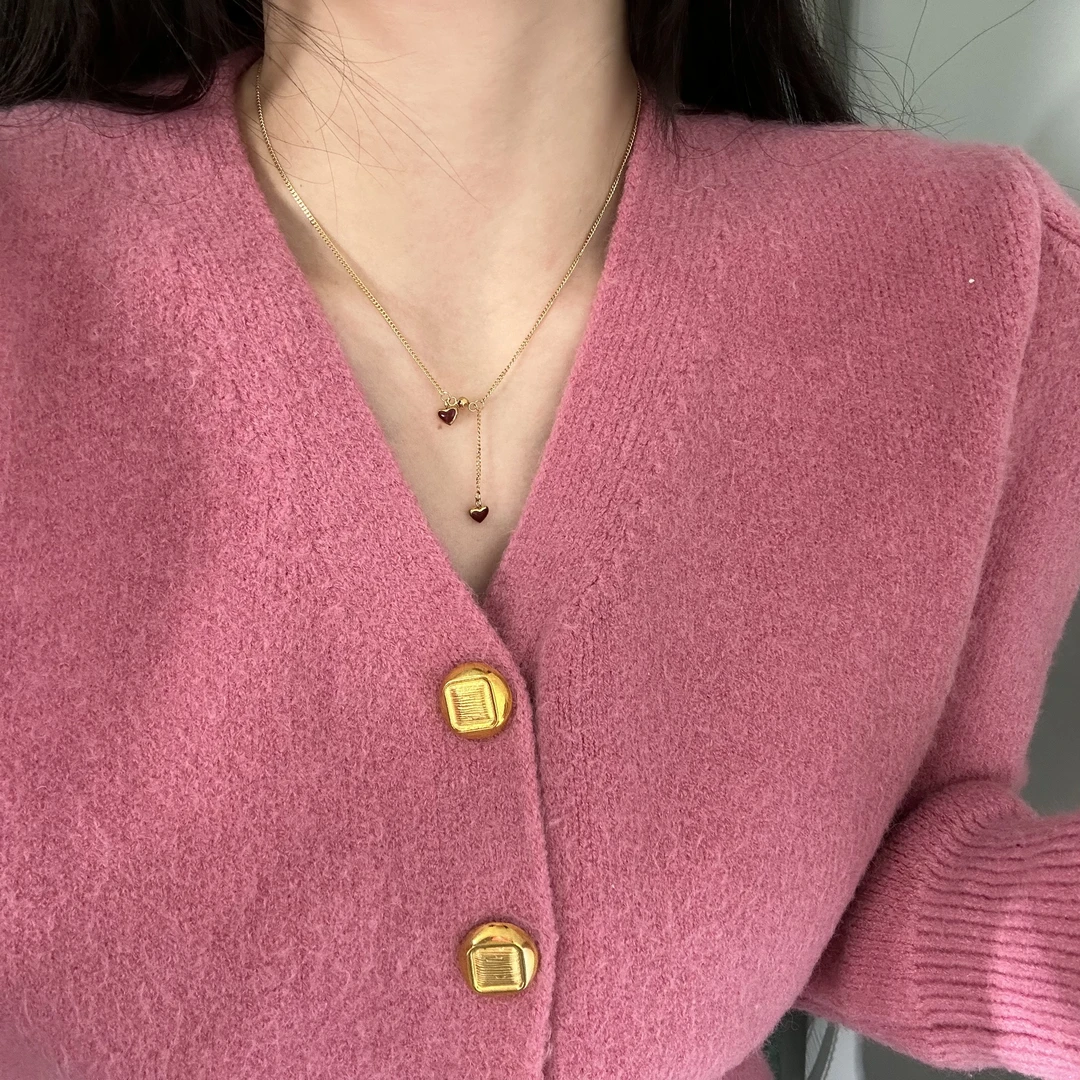 钛钢项链 8688红色小爱心双吊坠抽拉流苏百搭小众ins毛衣链轻奢女