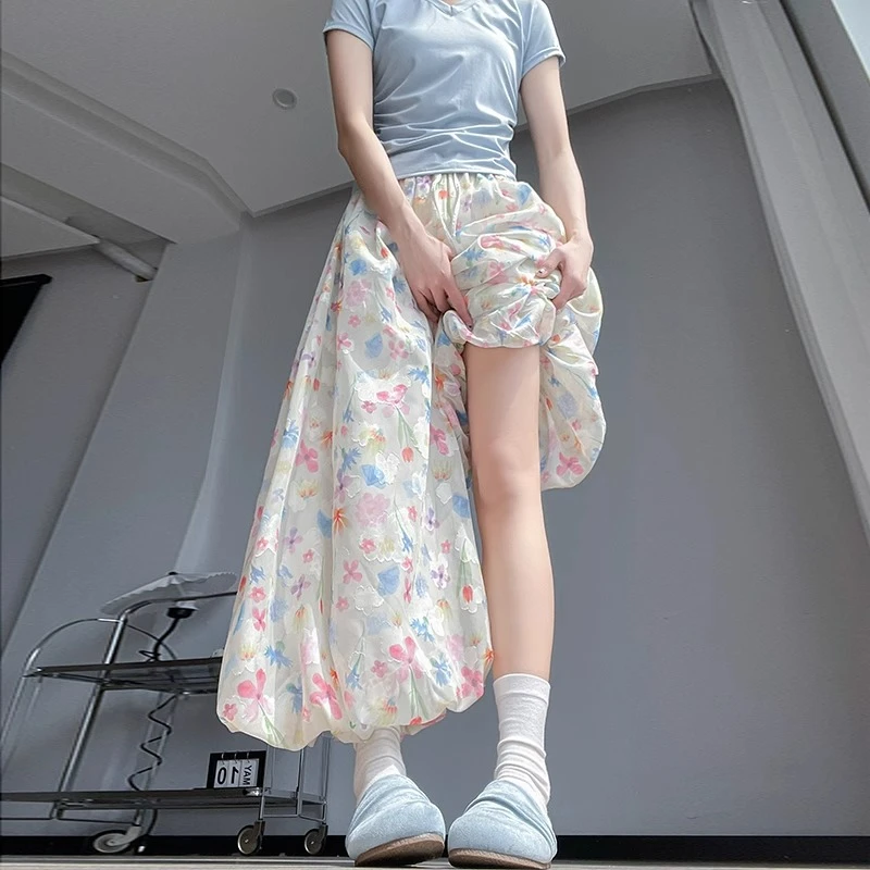 冰丝彩色花苞裙裤女夏季薄2025新款宽松显瘦小个子垂感碎花阔腿裤