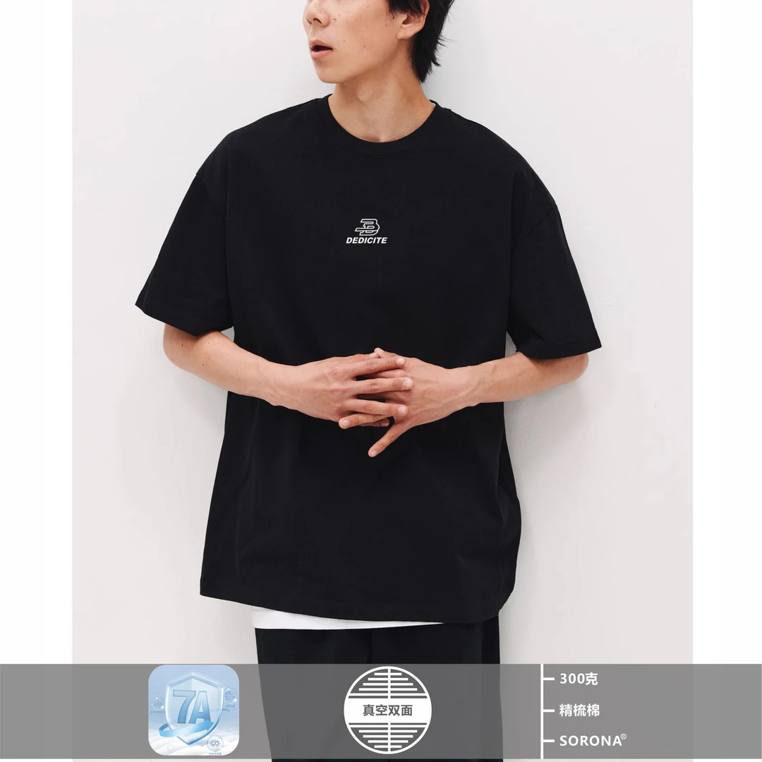 300G美式小圆领落肩宽松重磅棉质短袖零缩双面男士小字母印花T恤