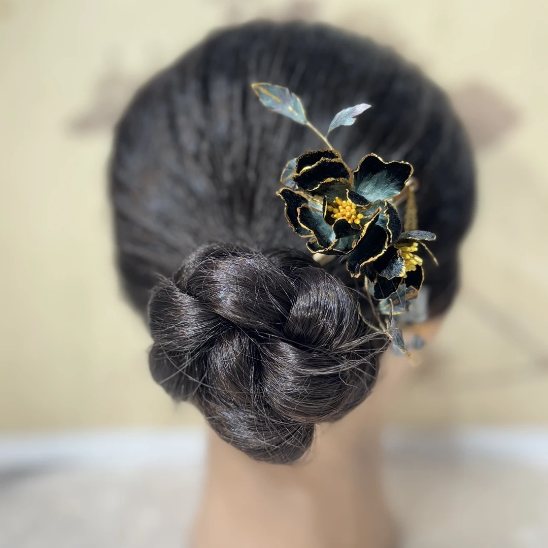 黑金山茶花发簪 非遗绒花工艺国风仙女百搭