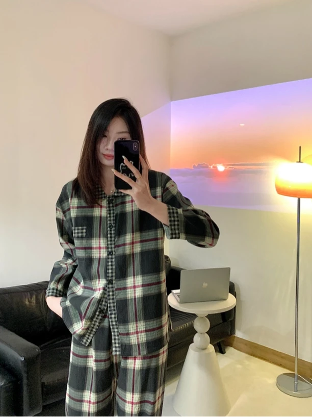 【黑棕条纹】ins韩系复古条纹春秋睡衣女长袖长裤家居服套装可外穿