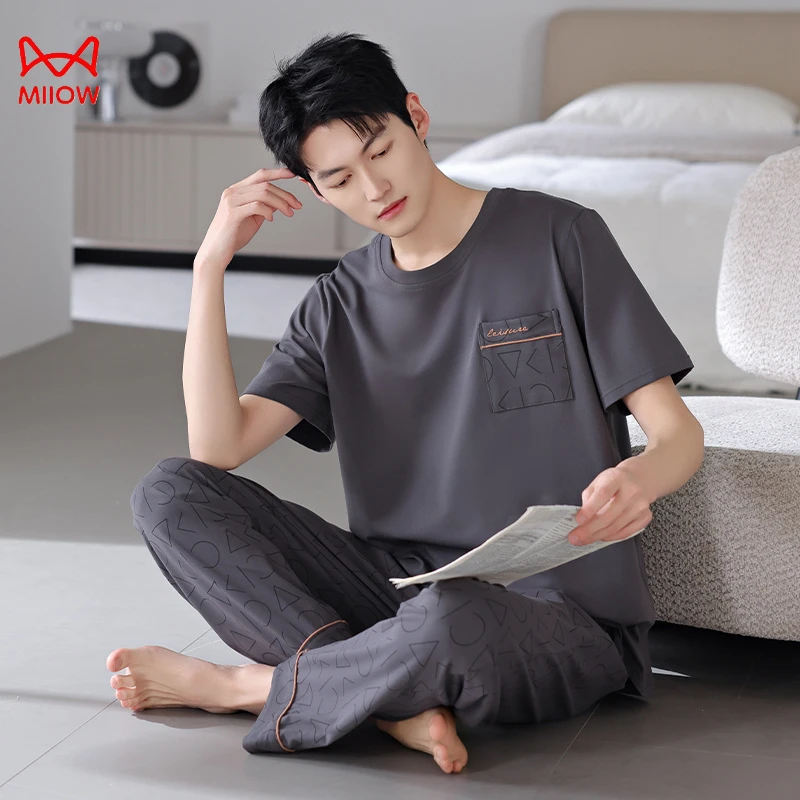 MiiOW/猫人男士夏季睡衣2025新款时尚爆火大码三件套气质家居服