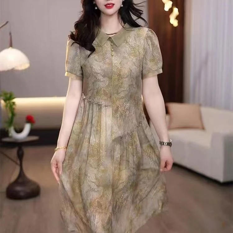 9874-优雅气质清新礼服裙夏季新款遮肚子洋气连衣裙【老仓库】