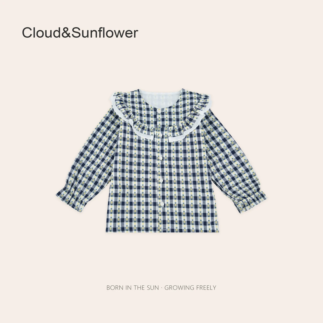 【云朵小葵】儿童黑白格花朵文艺风圆领衬衣外套7475