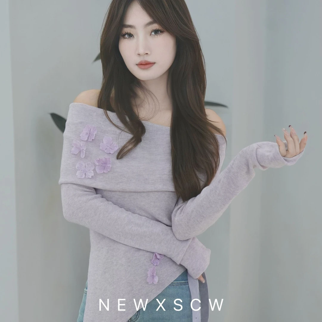 XSCW | 法式紫色一字肩针织上衣女2025春季新款设计感小众早春