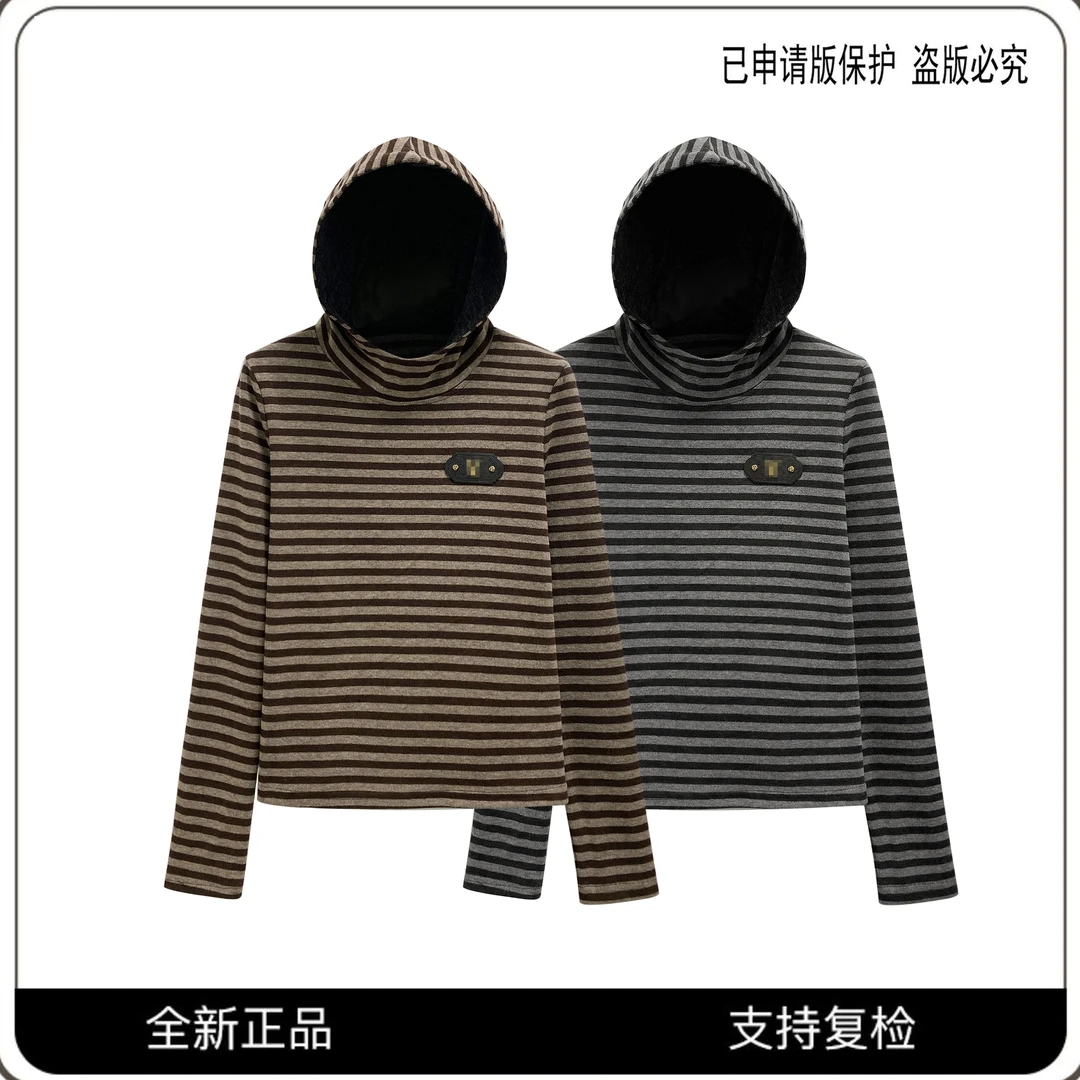 68592#CSIN轻奢时尚条纹烫钻连帽卫衣2025秋冬百搭个性潮流上衣