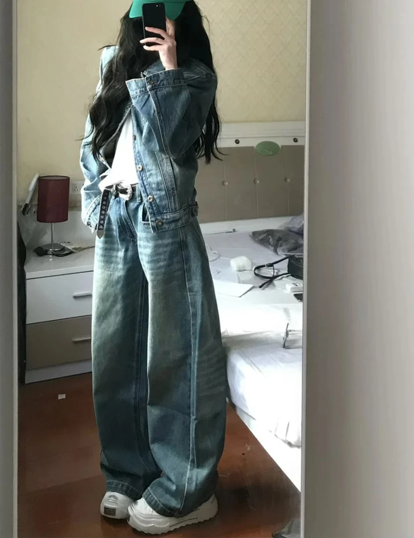 美式复古蓝低腰美式牛仔阔腿裤女显瘦显高辣妹直筒宽松垂感拖地裤