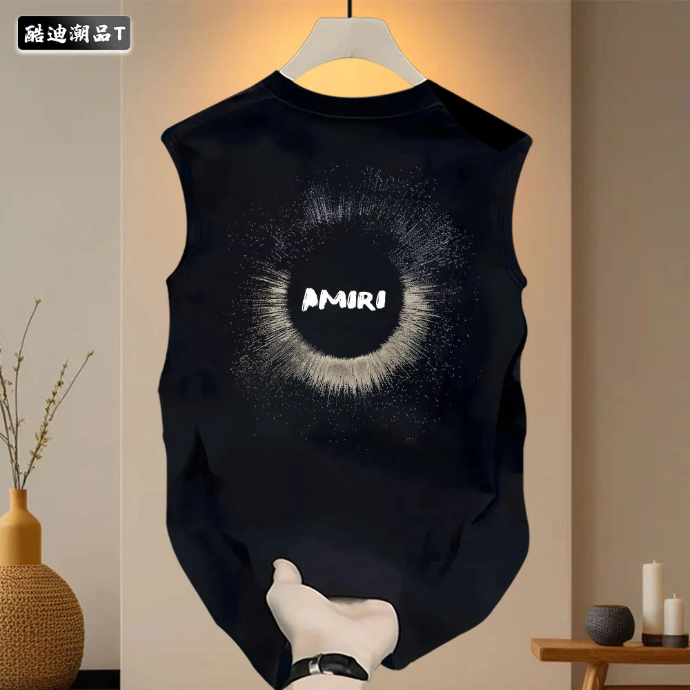 2025夏季美式印花休闲圆领纯棉宽松无袖背心男女款运动百搭上衣