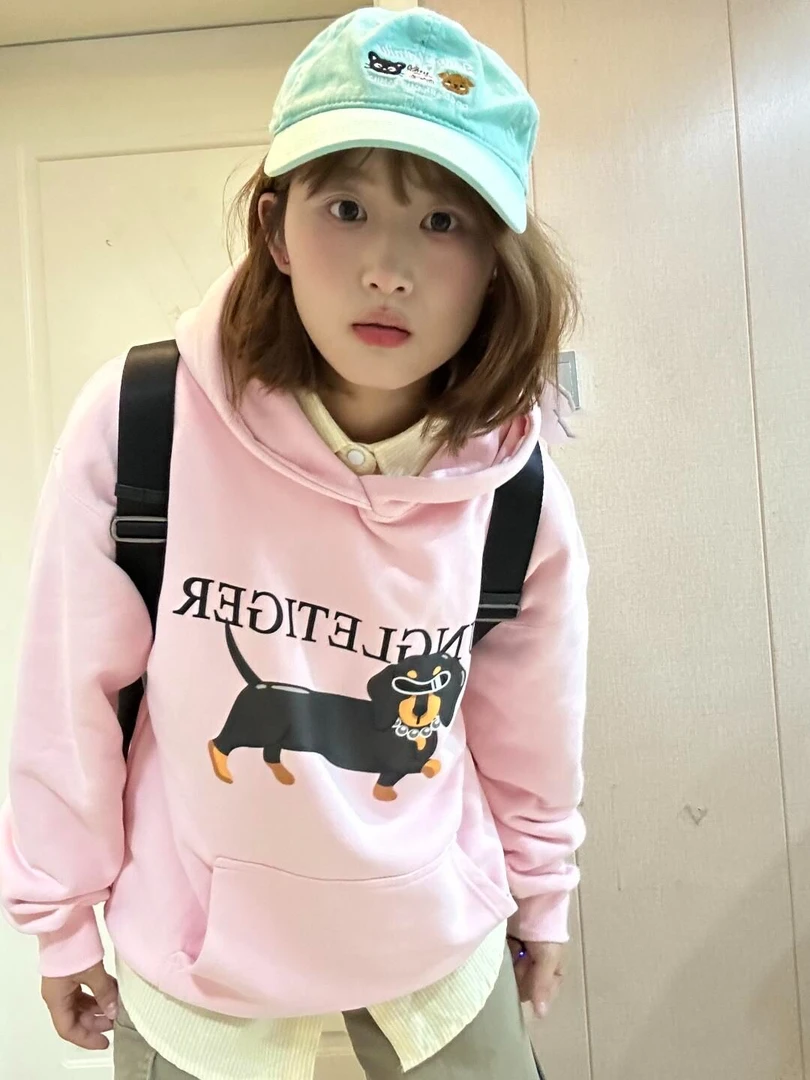 秋冬季美式卡通小狗印花连帽卫衣女秋冬街头宽松oversize粉色上衣