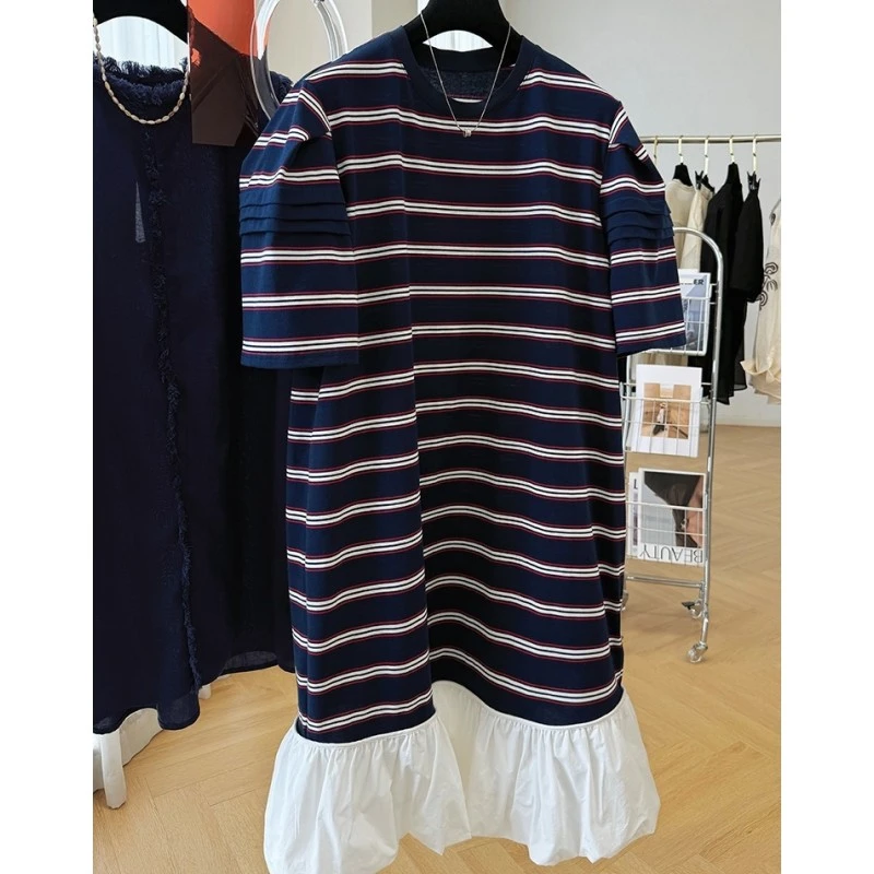 P0227高级感泡泡短袖荷叶边拼接条纹连衣裙女夏季减龄巨好看T恤裙