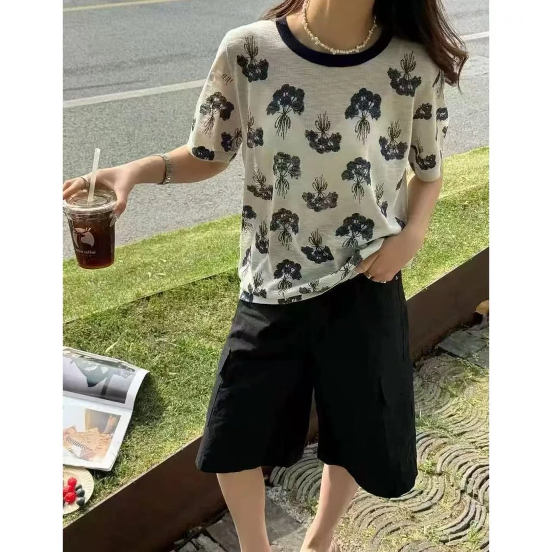 丽丽家~一束花短袖显瘦时尚休闲夏季印花圆领
