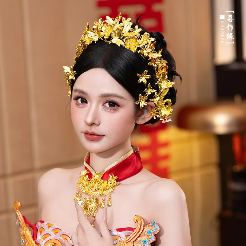 龙凤褂新娘金色头饰精致重工花朵蝴蝶中式半冠古典秀禾发饰HZ1372