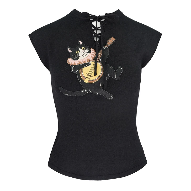 JUNGLE ME修身显瘦针织绑带短袖上衣气质设计感包袖圆领夏季百搭