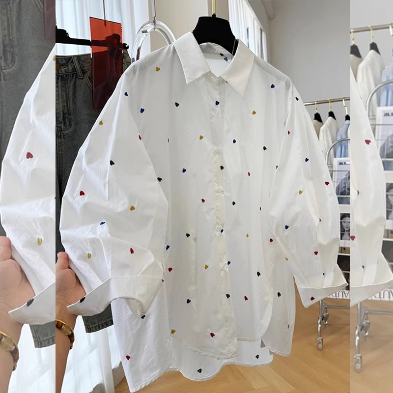 好看减龄刺绣爱心长袖衬衫上衣女装早春新款百搭时尚小衫宽松显瘦