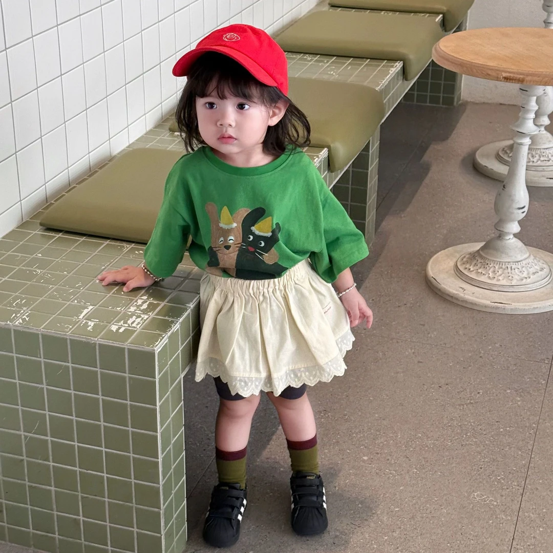 壹妈小女孩洋气韩范衣服2025洋气休闲卡通短袖T恤短裤女童套装