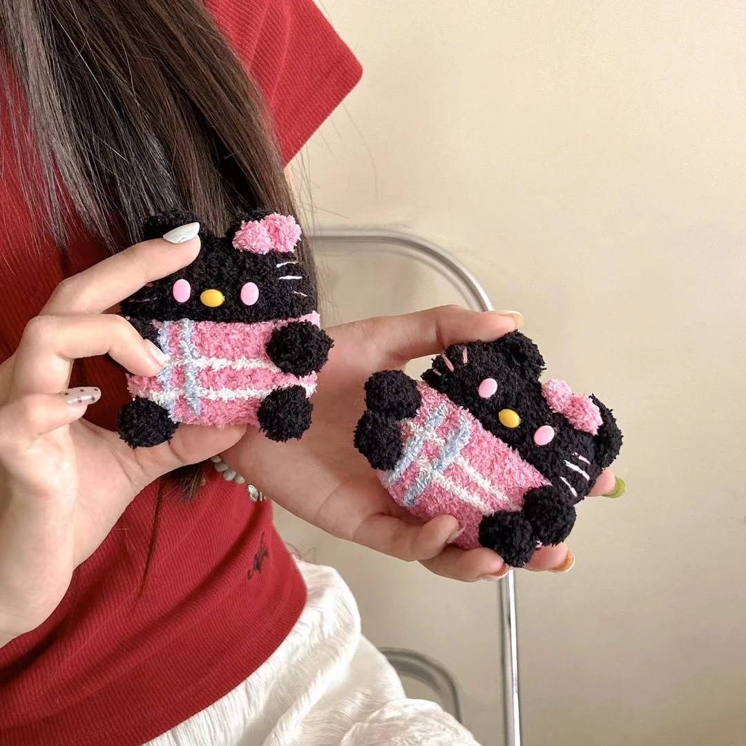 毛绒黑色kt猫airpods 4保护套四代保护壳airpodPro2苹果耳机套3代