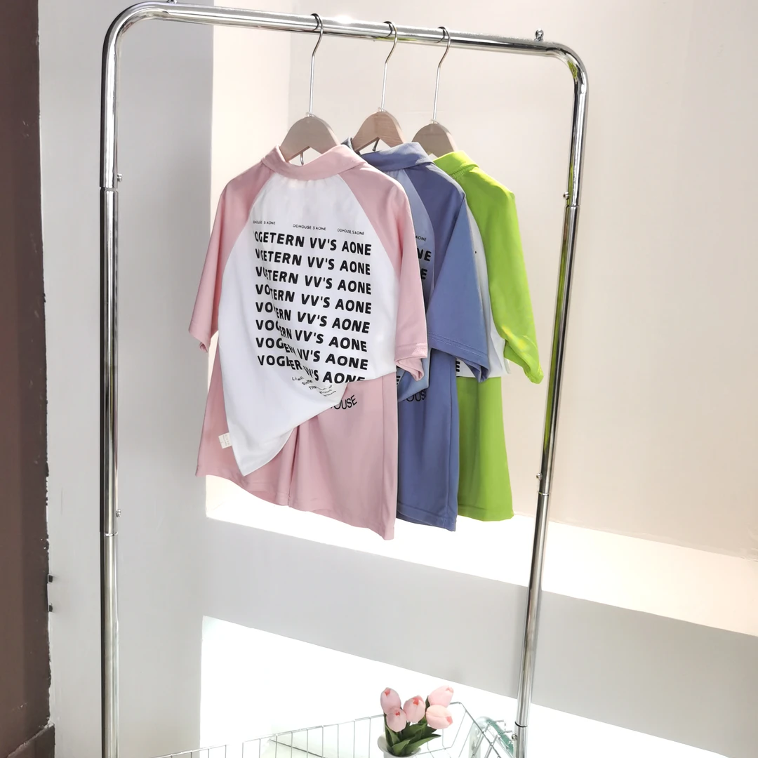 新款韩版男女童夏时尚宽松拼接休闲拼色印花百搭翻领短袖套装F004