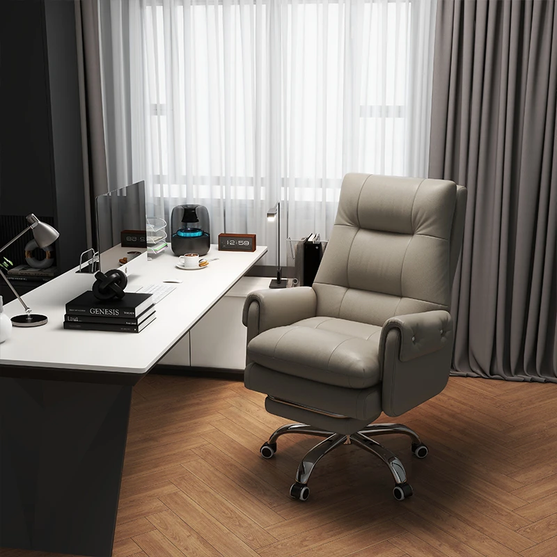 蓝泽真皮老板椅家用电脑椅舒适办公椅可躺久坐书房座椅书桌靠背椅